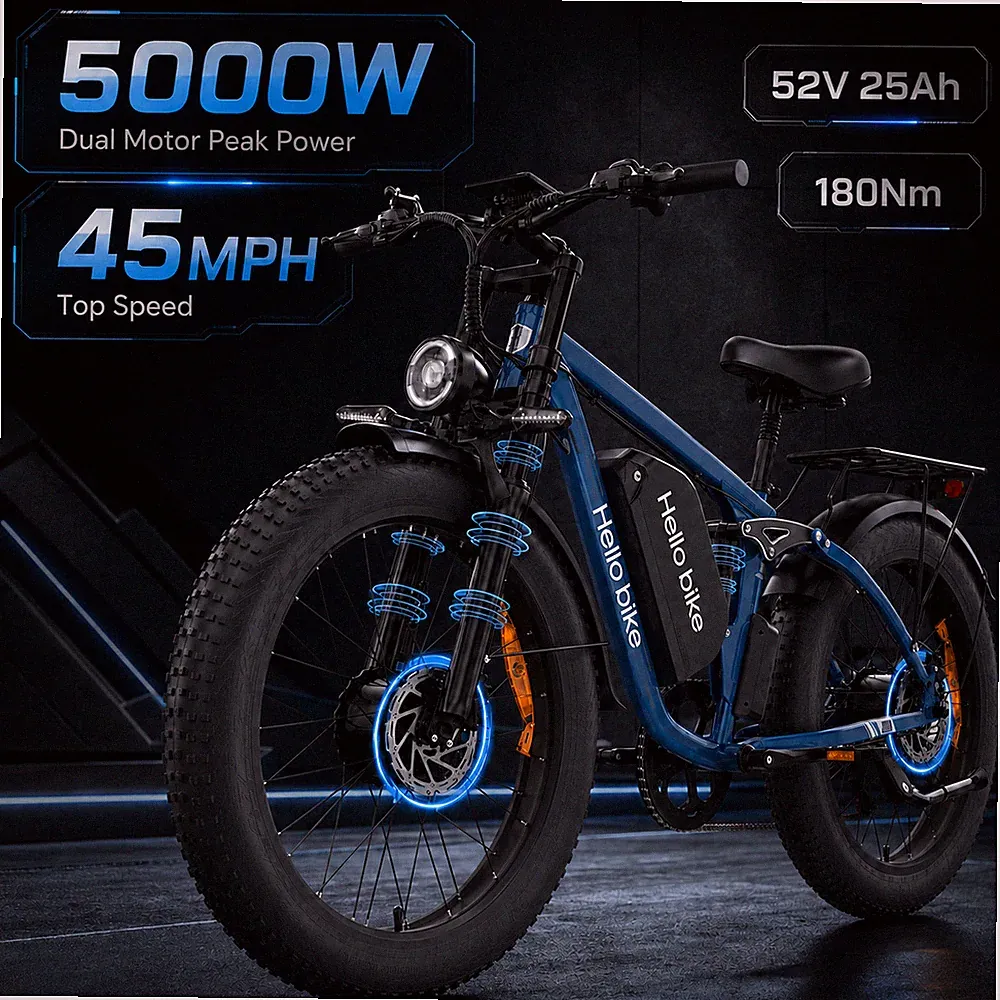 26" Fat Tire Electric Bike 5000W Dual Motor AWD 52V 25Ah M8 Pro Full Suspension